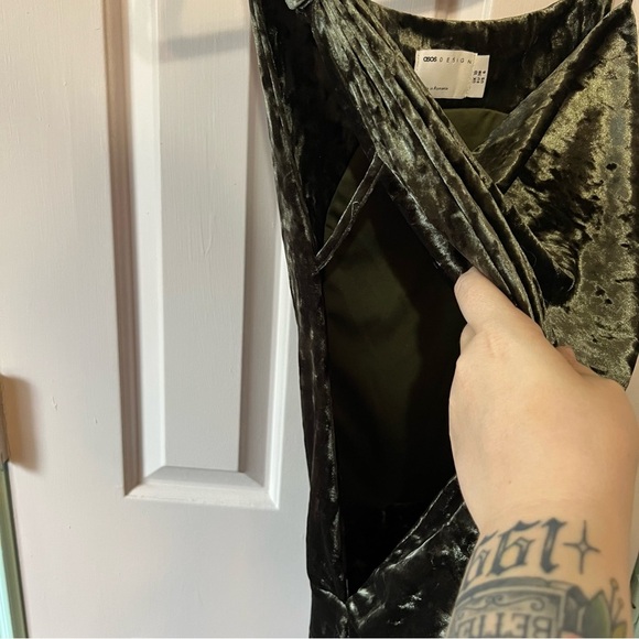 ASOS Crushed Velvet Trim Detail Draped Maxi Dress Green Size 6 - Picture 7 of 14